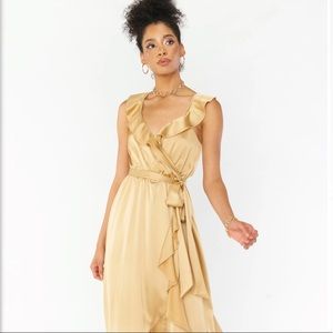 Samantha Ruffle Wrap Dress in True Gold Luxe Satin from Show Me Your Mumu.